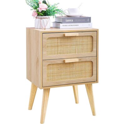 Nachttisch Rattan Holz Beistelltisch 2 Schubladen Hand Made Boho Couch Lagerung