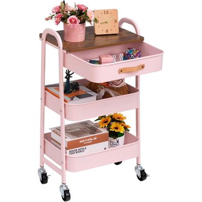 Doeworks Rollwagen Metall Aufbewahrungswagen 3-Etagen mit Schublade, Rosa