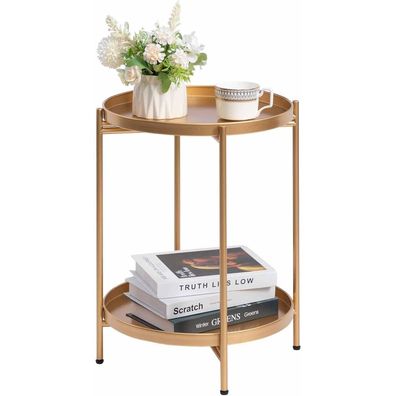 HollyHOME Gold Beistelltisch Rund Metall 2 Ebenen Wohnzimmer Terrasse