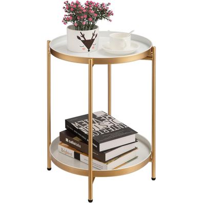 HollyHOME Beistelltisch Gold Metall 2 Ebenen Snacktisch Couchtisch 40x52 cm