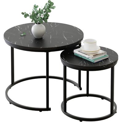 Runder Couchtisch Set Schwarz Holz Marmor Metallgestell 2er Couchtisch Sofatisch