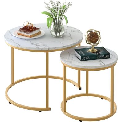Runder Couchtisch 2er Set Gold Metallgestell Weiß Marmorplatte