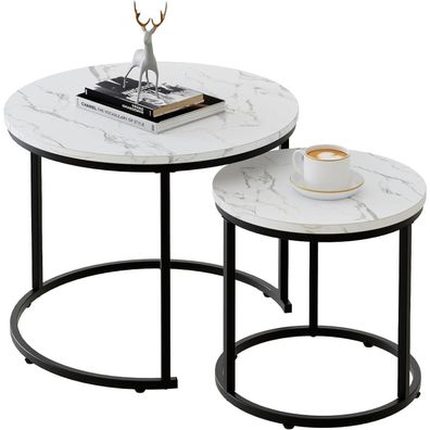 Runder Couchtisch Set Holz Metallgestell Weiß Marmorplatte