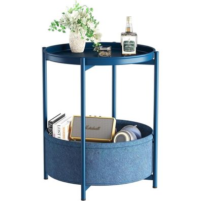 Beistelltisch Rund mit Stoffkorb Moderner Stil Blau