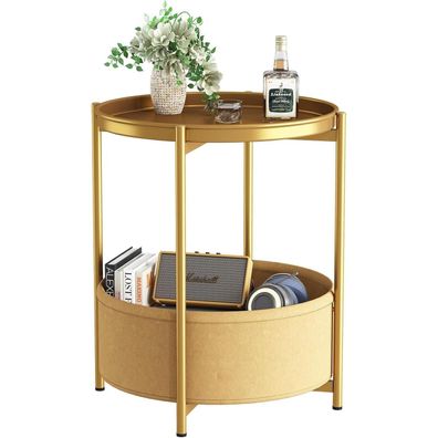Runder Beistelltisch mit Stoffkorb Moderner Stil in Gold