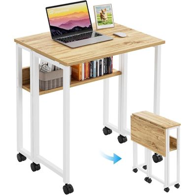 Klappbarer Schreibtisch 63cm mit Rollen Stauraum Home Office Beige