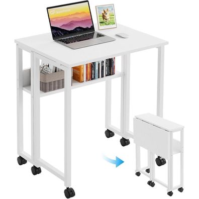 Klappbarer Schreibtisch 63 cm Weiß mit Rollen Stauraum