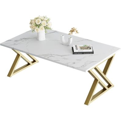 Couchtisch Holz Marmor Weiß Gold Metallgestell 100x48x55 cm