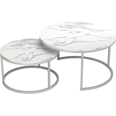 Runder Couchtisch Marmor Optik Weiß Silber 80x80cm & 60x60cm