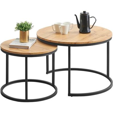 Moderne Couchtisch 2er Set Schwarz Metallgestell Eiche Rund 70x70x45 & 50x50x35