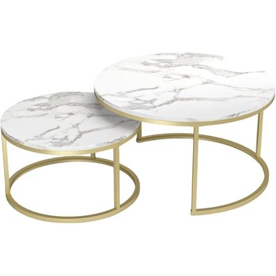Runder Marmor Couchtisch Set Gold Weiß Modern 80 x 80 cm & 60 x 60 cm