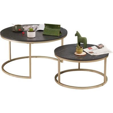 2er Set Runde Schwarz Marmor Couchtisch Gold Metallgestell Modern