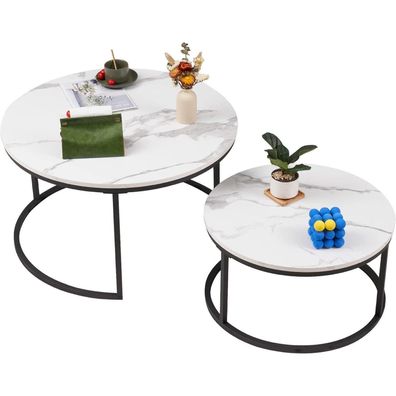 Moderne Runde Marmor Couchtische Weiß/Schwarz Metallgestell 2er Set