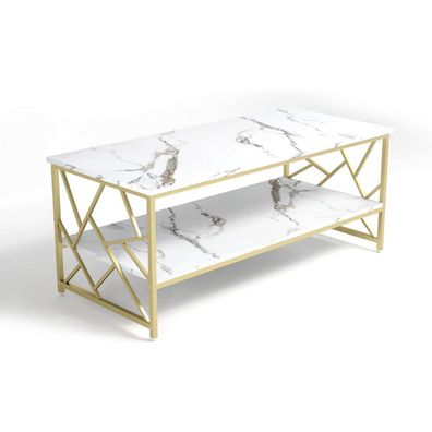 Wohnzimmertisch Weiß Marmor Couchtisch mit Stauraum Gold Tisch