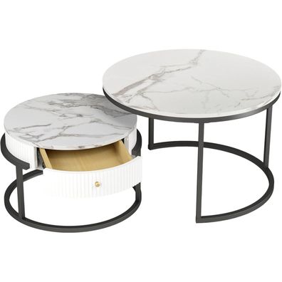 Wohnzimmertisch Rund mit Schublade Marmor Optik Wohnzimmer Tisch ? 70 cm & ? 50