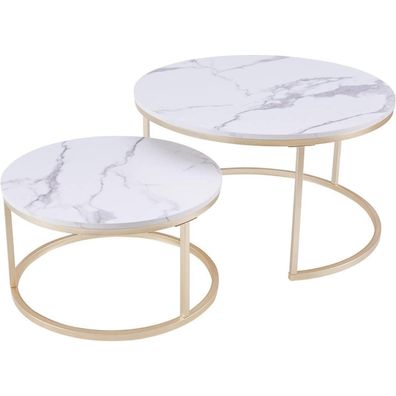 Huuryoudo Couchtisch 2er Set Rund Weiß Gold Marmor Optik