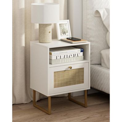Heyzoey Nachttisch Rattan Boho-Bauernhaus aus Holz mit Schublade, offenem