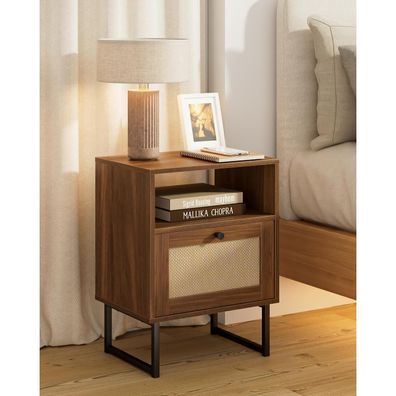 Boho Rattan Nachttisch mit Schublade und Regal, Goldrahmen, Braun