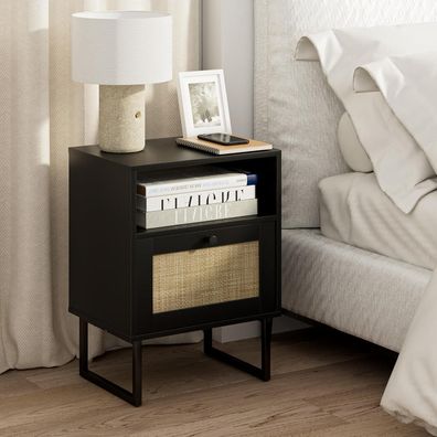 Nachttisch Rattan Boho Bauernholz Schublade Regal Beistelltisch Schwarz
