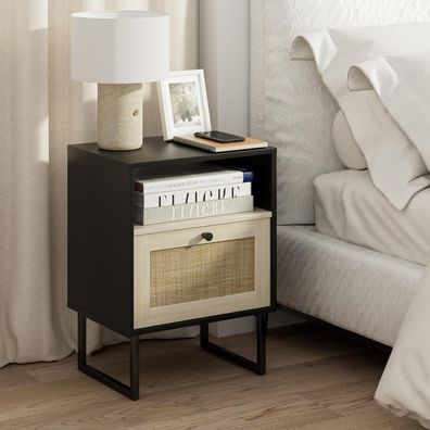 Heyzoey Boho Nachttisch Rattan Beistelltisch Holz Schublade Eiche Regal