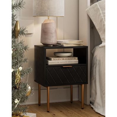 Moderne Nachtkommode mit offenem Regal und Schublade, Schwarz/Gold