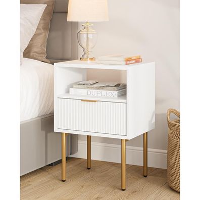 Nachtkommode Boho 1 offene Ablage 1 Schublade Weiß Gold