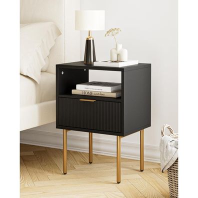 Nachttisch Schwarz Gold 1 Schublade und offene Ablage Modern Boho