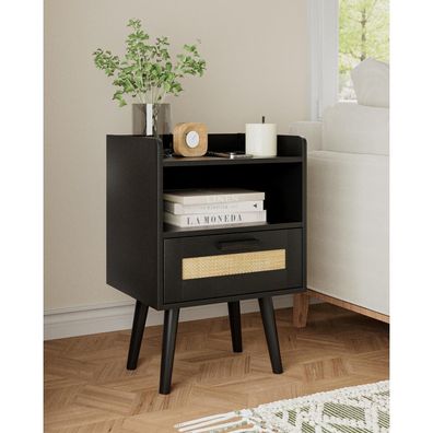 Rattan Nachttisch mit Schublade, Schwarzer Beistelltisch, Goldener Rahmen