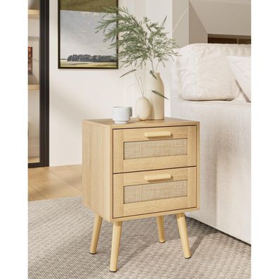 Nachttisch Rattan Beistelltisch Holz Schublade Schlafzimmer Wohnzimmer Gelb