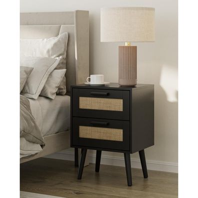 Rattan Nachttisch mit Schublade Beistelltisch Holzbeine Schlafzimmer Wohnzimmer