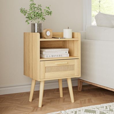 Rattan Nachttisch Schublade Holz Beine Schlafzimmer Wohnzimmer Eiche