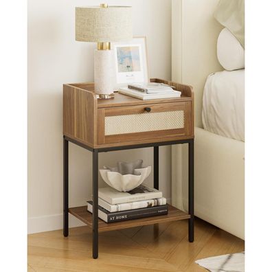Heyzoey Rattan Nachttisch 3-Tier mit Schublade und Regal Nussbaum braun