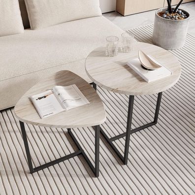 Hojinlinero 2er Set Runde Couchtische Schwarz+Oak Holzplatte Industrial Design