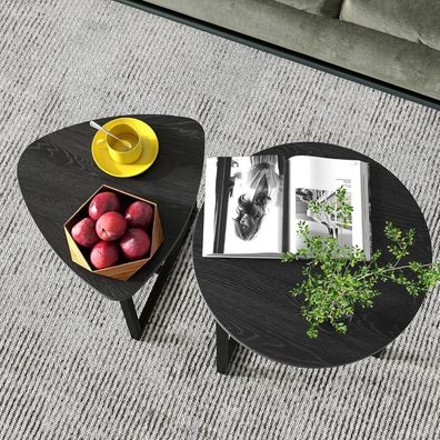 Hojinlinero Couchtisch Set Rund Holz Metall Schwarz Industrial Design