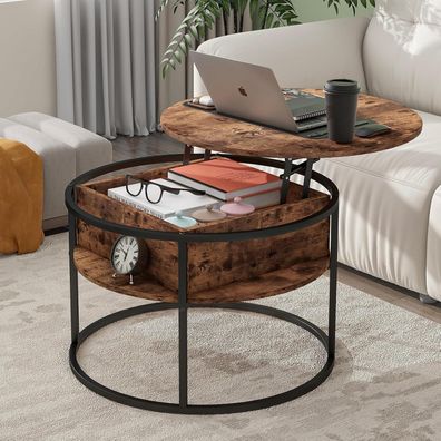 Hojinlinero Couchtisch Rund Höhenverstellbar mit Stauraum Holz