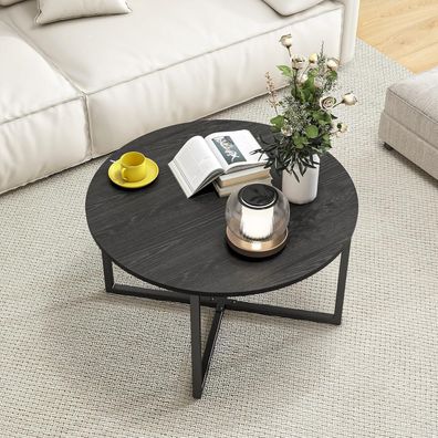 Hojinlinero Runder Couchtisch mit Metallbeinen, Holzoptik, Schwarz