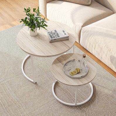 Runder Couchtisch 2er-Set Eiche Metallrahmen Holz stapelbar modern robust