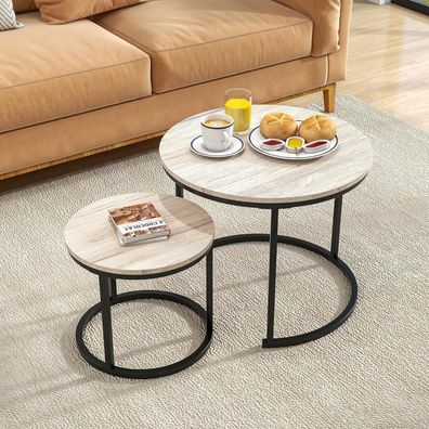 Kleiner runder Couchtisch 2er-Set weiß Metall-Holz-Mix