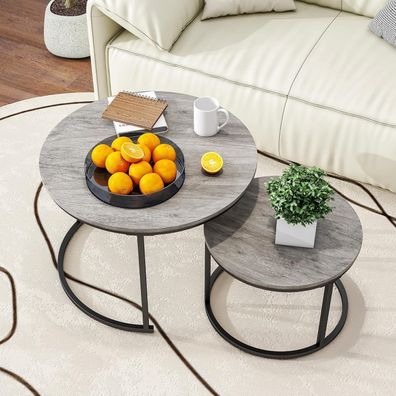 Hojinlinero Runder Couchtisch 2er-Set Wohnzimmer Holz Metallrahmen Grau