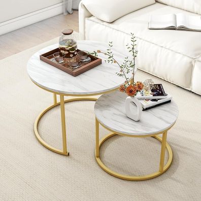 Runder Couchtisch 2er-Set Holz Stauraum goldfarbenem Metallrahmen