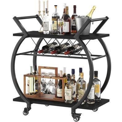 Servierwagen Weinregal 2 Ebenen Küchenwagen Rollen 76x40 Schwarz
