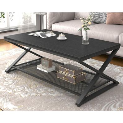 Schwarzer Couchtisch Holz 2 Etagen Beton Ablage 119,4 cm