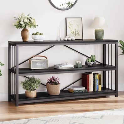 Konsolentisch Holz Schwarz 3 Ebenen Bücherregal Sofatisch 140x34x75cm