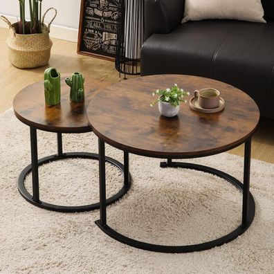Bigtree Runder Couchtisch 2er Set Holz Metallgestell Braun