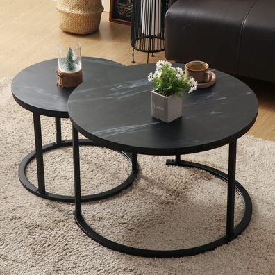 Runder Couchtisch Satztisch 2er Set Schwarz Holz Metallgestell 70x70x45cm