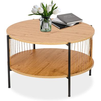 Runder Couchtisch Holz Satztisch mit Quasten Beistelltisch 2 Etagen Metallrahmen