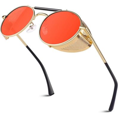 Sunier Herren Sonnenbrille Rund Polarisiert Retro Steampunk Metall mit Seitenschutz,