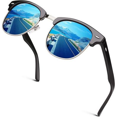 GQUEEN Herren Damen Horn Gestell Halbrahmen Retro Polarisierte Sonnenbrille Schwarz
