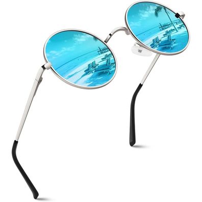 Sonnenbrille Polarisierte Rund UV400 Herren Damen Silber Blau