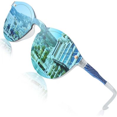 Sonnenbrille Damen Herren Verspiegelt Rund Groß UV400 Blau Blau Blau